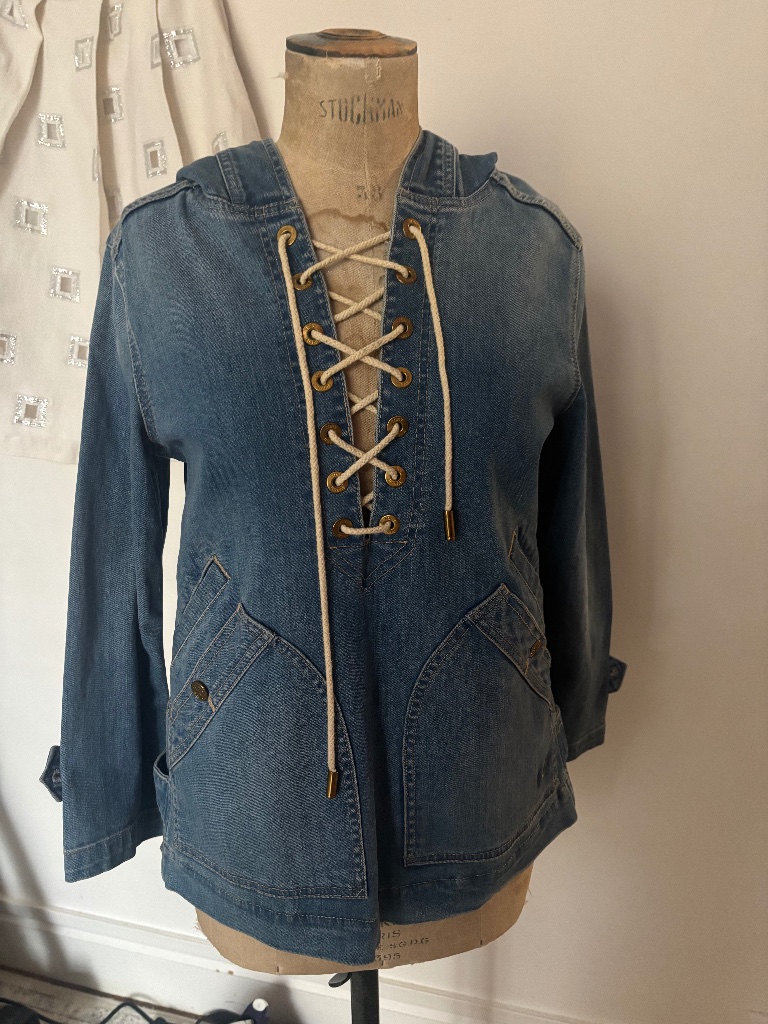 Denim Hoodie With Lace Up Detail Tory Burch Xs